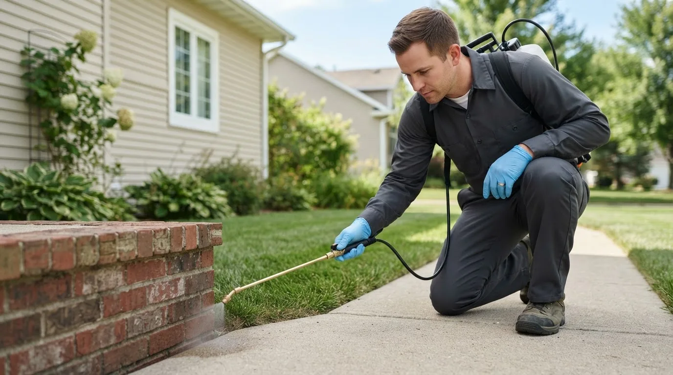 Pest control technician treating a home near Hastings, PA